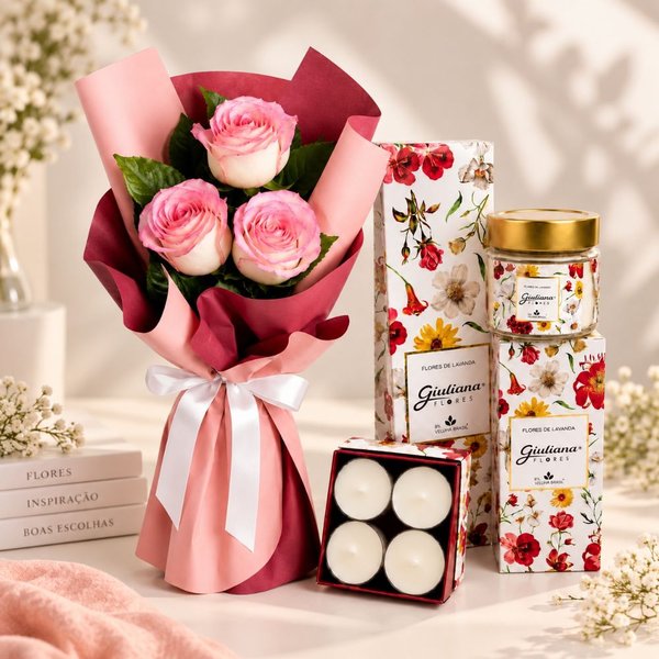 Buquê Trio de Rosas Cor de Rosa e Coleção Encontro Floral