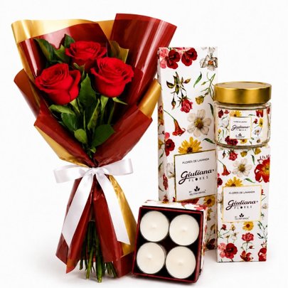 Buquê Trio de Rosas Vermelho e Coleção Encontro Floral