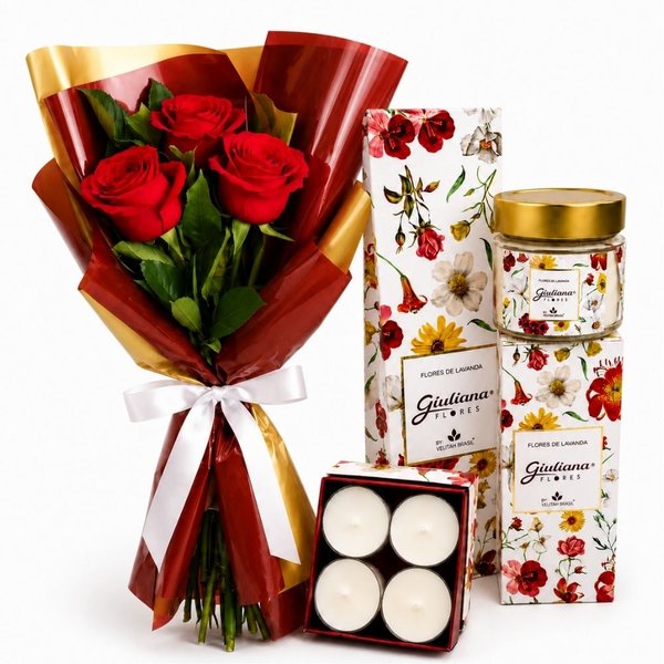 Buquê Trio de Rosas Vermelho e Coleção Encontro Floral
