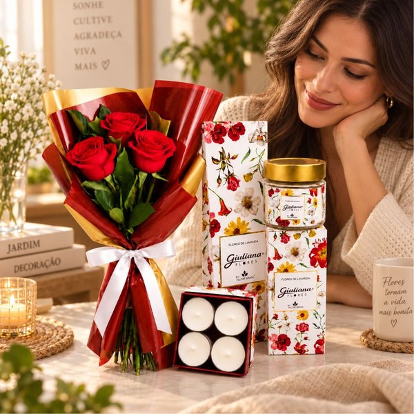 Buquê Trio de Rosas Vermelho e Coleção Encontro Floral
