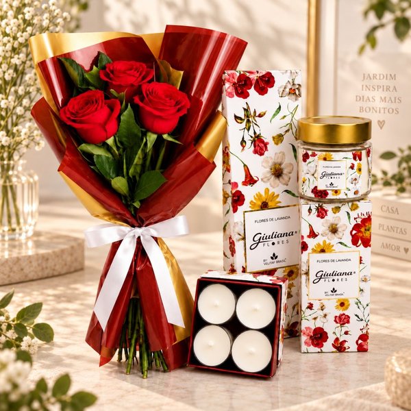 Buquê Trio de Rosas Vermelho e Coleção Encontro Floral