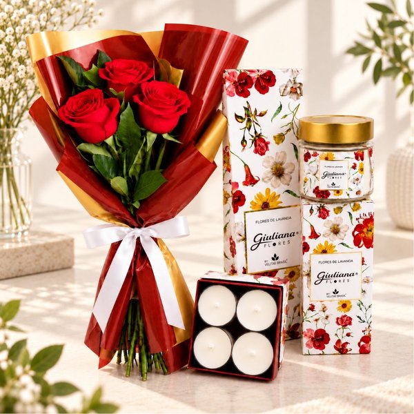Buquê Trio de Rosas Vermelho e Coleção Encontro Floral