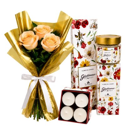 Buquê Trio de Rosas Champanhe e Coleção Encontro Floral