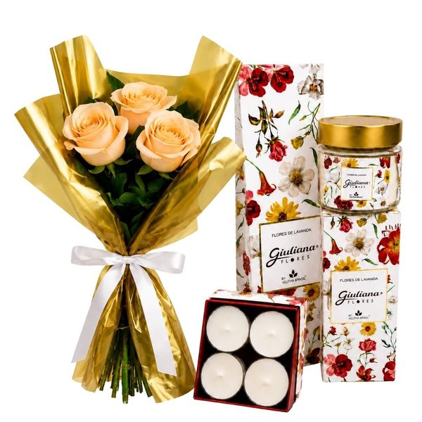 Buquê Trio de Rosas Champanhe e Coleção Encontro Floral