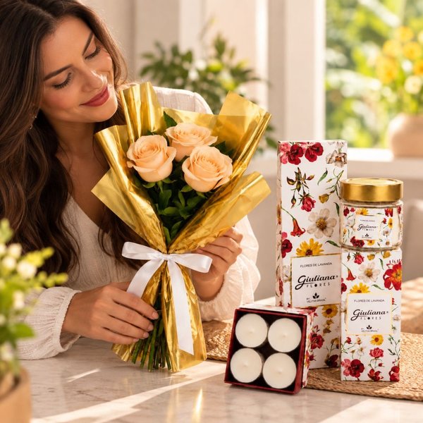 Buquê Trio de Rosas Champanhe e Coleção Encontro Floral