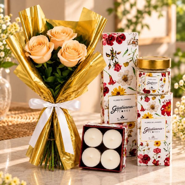 Buquê Trio de Rosas Champanhe e Coleção Encontro Floral