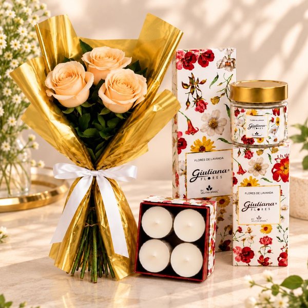 Buquê Trio de Rosas Champanhe e Coleção Encontro Floral