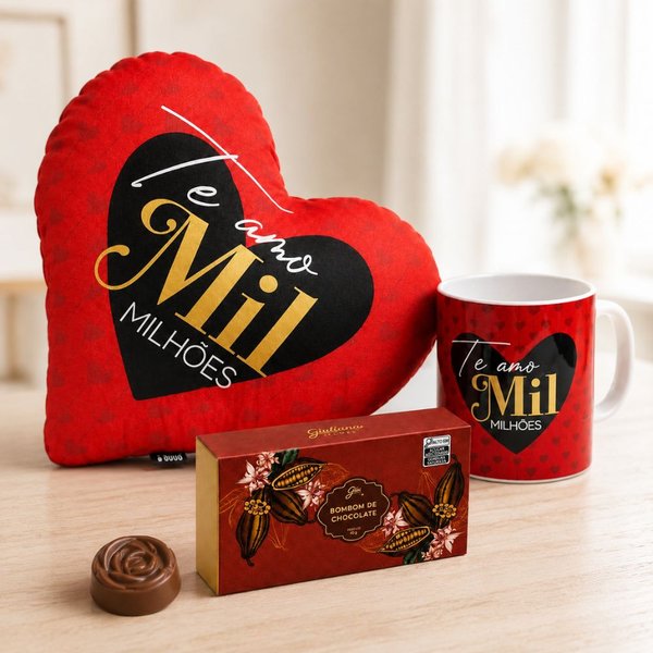Caneca e Almofada Te Amo Mil Milhões e Bombom Giuliana Flores - 3 und