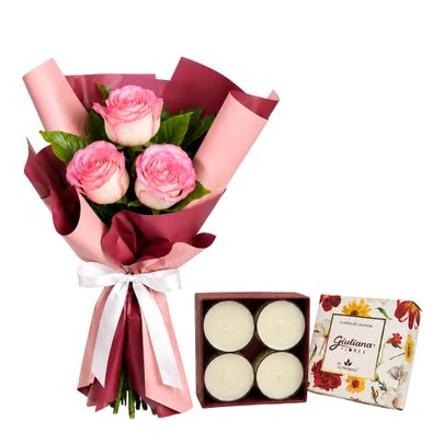 Buquê Trio de Rosas Cor de Rosa e Mini Velas c/ 4 - Encontro Floral