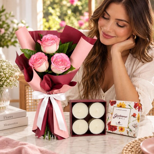 Buquê Trio de Rosas Cor de Rosa e Mini Velas c/ 4 - Encontro Floral