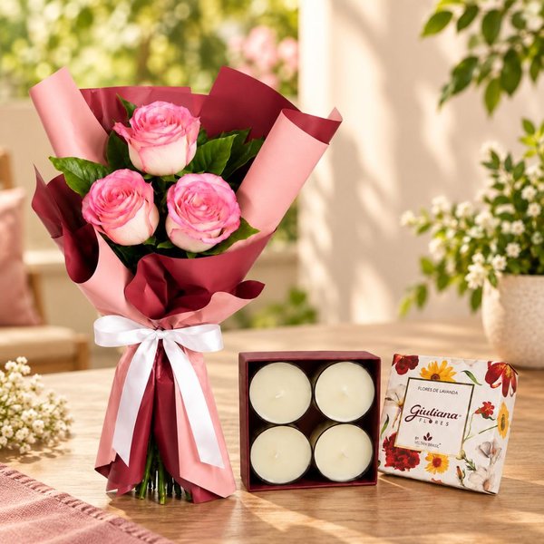 Buquê Trio de Rosas Cor de Rosa e Mini Velas c/ 4 - Encontro Floral