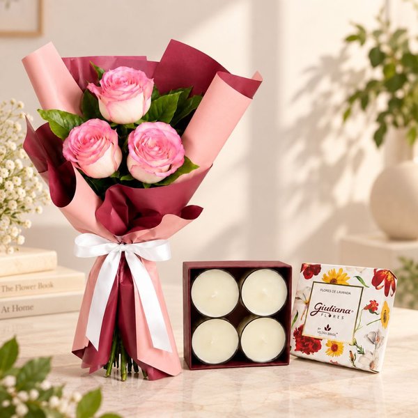 Buquê Trio de Rosas Cor de Rosa e Mini Velas c/ 4 - Encontro Floral