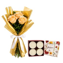 Imagem de Buquê Trio de Rosas Champanhe e Mini Velas c/ 4 - Encontro Floral