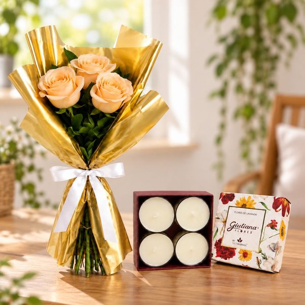 Buquê Trio de Rosas Champanhe e Mini Velas c/ 4 - Encontro Floral