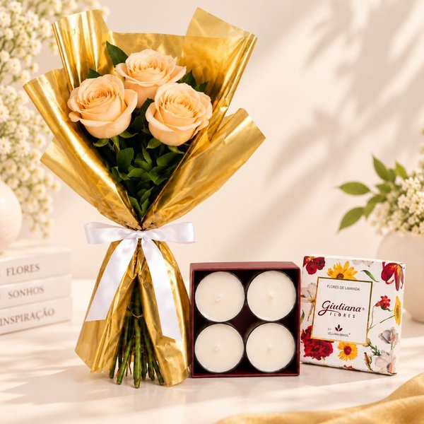 Buquê Trio de Rosas Champanhe e Mini Velas c/ 4 - Encontro Floral