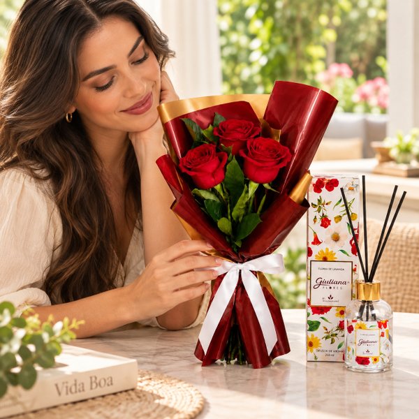 Buquê Trio de Rosas Vermelho e Difusor de Aroma 150ml - Encontro Floral