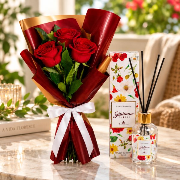 Buquê Trio de Rosas Vermelho e Difusor de Aroma 150ml - Encontro Floral