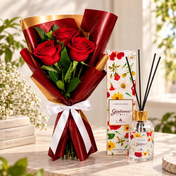 Buquê Trio de Rosas Vermelho e Difusor de Aroma 150ml - Encontro Floral