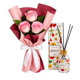Imagem de Buquê Trio de Rosas Cor de Rosa e Difusor de Aroma 150ml - Encontro Floral