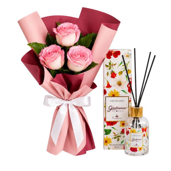 Buquê Trio de Rosas Cor de Rosa e Difusor de Aroma 150ml - Encontro Floral