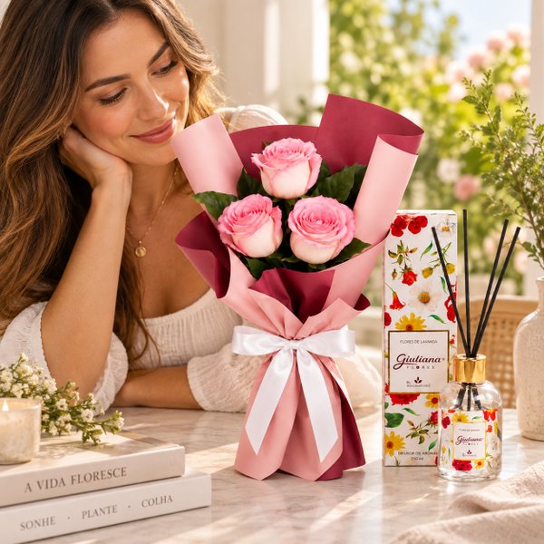 Buquê Trio de Rosas Cor de Rosa e Difusor de Aroma 150ml - Encontro Floral