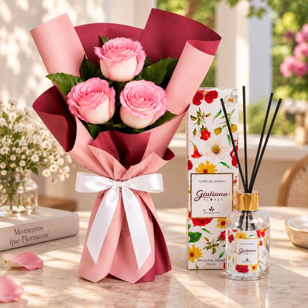 Buquê Trio de Rosas Cor de Rosa e Difusor de Aroma 150ml - Encontro Floral