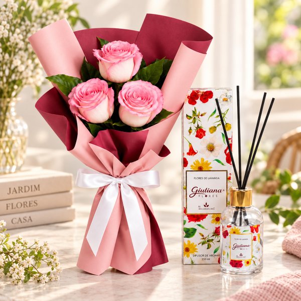 Buquê Trio de Rosas Cor de Rosa e Difusor de Aroma 150ml - Encontro Floral