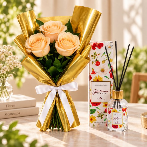 Buquê Trio de Rosas Champanhe e Difusor de Aroma 150ml - Encontro Floral