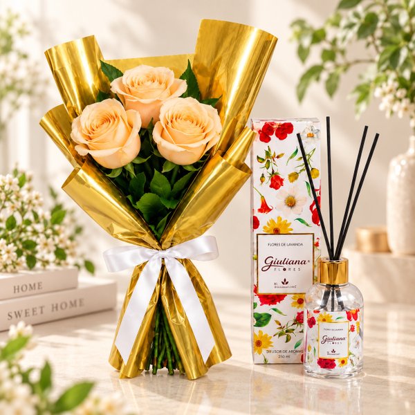 Buquê Trio de Rosas Champanhe e Difusor de Aroma 150ml - Encontro Floral