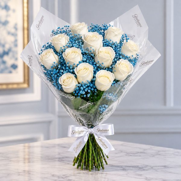 Buquê Safira com 12 Rosas Brancas