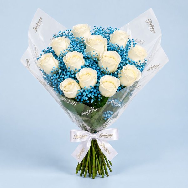 Buquê Safira com 12 Rosas Brancas