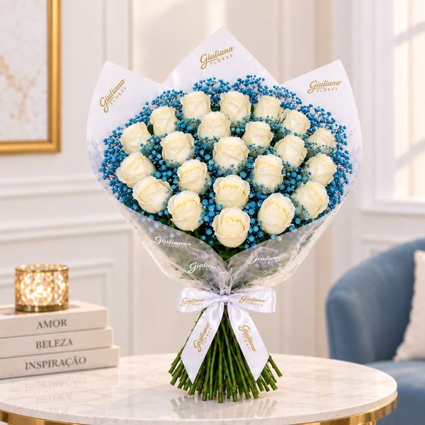 Buquê Safira com 24 Rosas Brancas
