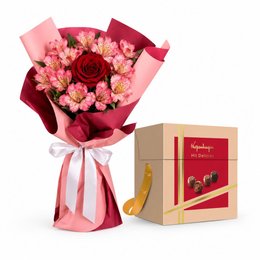 Imagem de Buquê de Astromélias e Rosa Vermelha - Serenata e Mil Delícias Kopenhagen