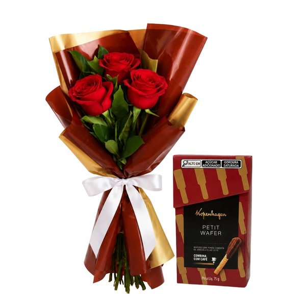 Buquê Trio de Rosas Vermelho e Petit Wafer Kopenhagen