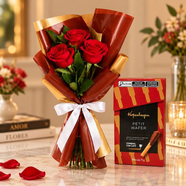 Buquê Trio de Rosas Vermelho e Petit Wafer Kopenhagen