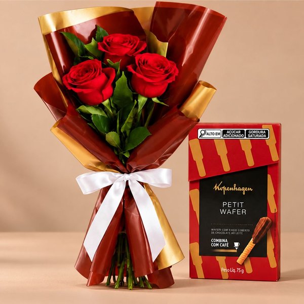 Buquê Trio de Rosas Vermelho e Petit Wafer Kopenhagen