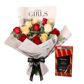 Buquê de Rosas Vermelhas e Champanhe - Amor no Jornal e Petit Wafer Kopenhagen