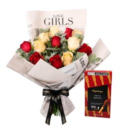 Imagem de Buquê de Rosas Vermelhas e Champanhe - Amor no Jornal e Petit Wafer Kopenhagen