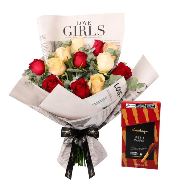 Buquê de Rosas Vermelhas e Champanhe - Amor no Jornal e Petit Wafer Kopenhagen