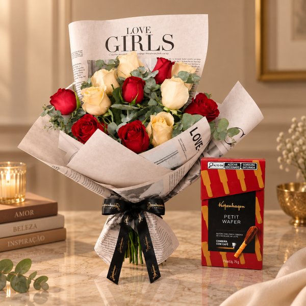 Buquê de Rosas Vermelhas e Champanhe - Amor no Jornal e Petit Wafer Kopenhagen