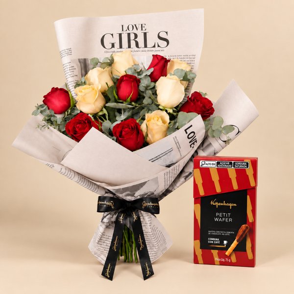 Buquê de Rosas Vermelhas e Champanhe - Amor no Jornal e Petit Wafer Kopenhagen