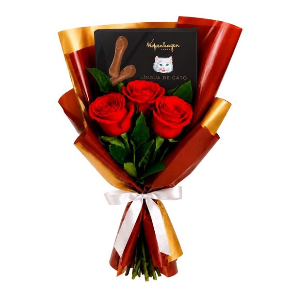 Buquê Trio de Rosas Vermelho e Língua de Gato Kopenhagen