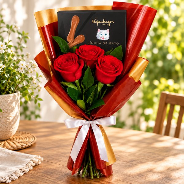 Buquê Trio de Rosas Vermelho e Língua de Gato Kopenhagen