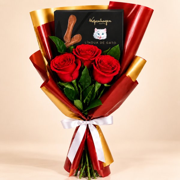 Buquê Trio de Rosas Vermelho e Língua de Gato Kopenhagen