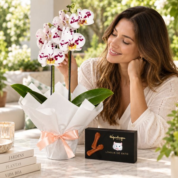 Orquídea Phalaenopsis Branca Mesclada e Língua de Gato Kopenhagen