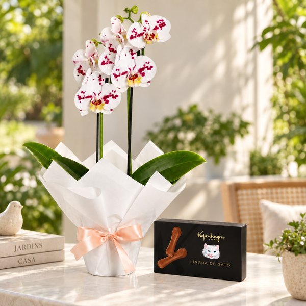 Orquídea Phalaenopsis Branca Mesclada e Língua de Gato Kopenhagen