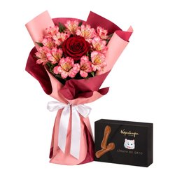 Imagem de Buquê de Astromélias e Rosa Vermelha - Serenata e Língua de Gato Kopenhagen
