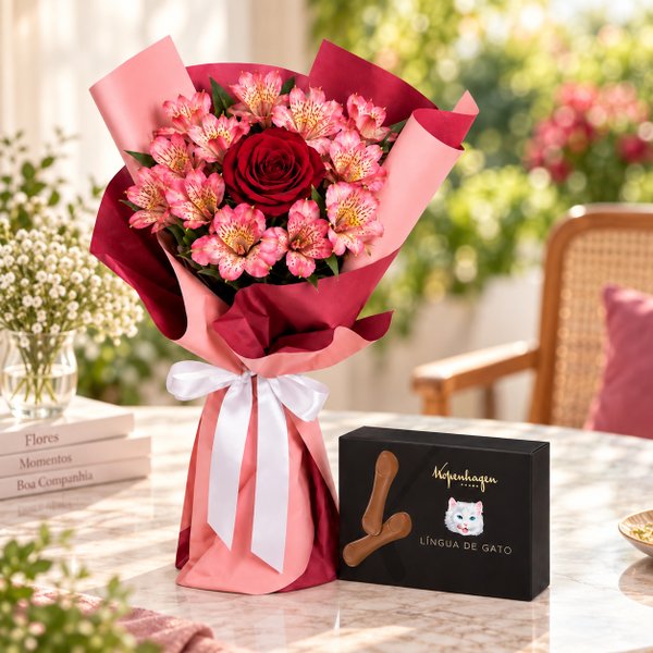 Buquê de Astromélias e Rosa Vermelha - Serenata e Língua de Gato Kopenhagen