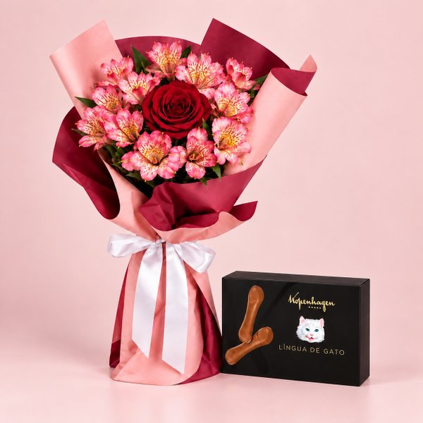 Buquê de Astromélias e Rosa Vermelha - Serenata e Língua de Gato Kopenhagen