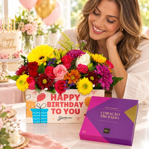 Arranjo de Mix de Flores Happy Birthday to You e Corações Trufados Ofner